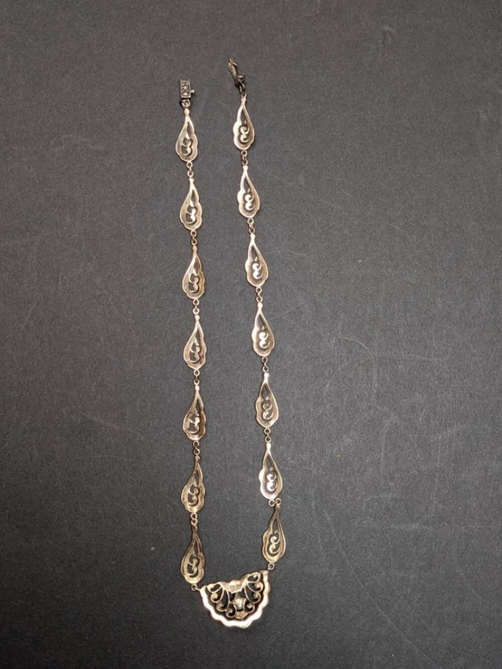 Vintage 925 SHA Sterling Silver Marcasite Filigree Pearl Necklace 16